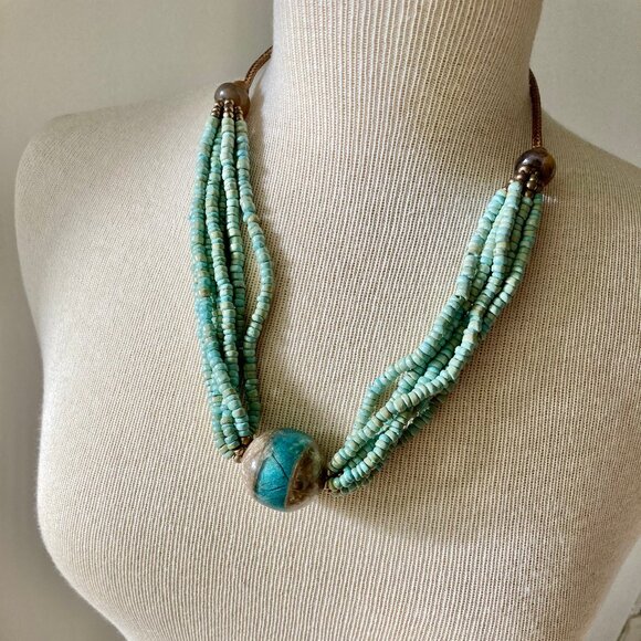 Vamiani Accessories Jewelry - NWT Blue Green Glass Centerpiece and Heishi Beaded Necklace from Cancun